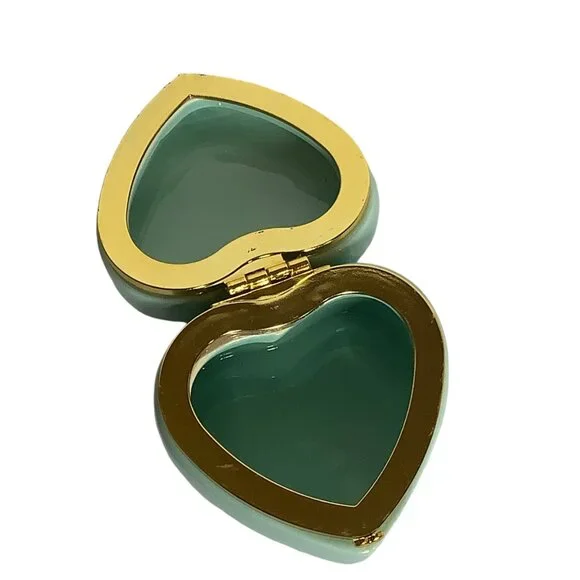 Heart Shaped Ceramic Trinket Box Teal Green 3.5" x 3" x 2.5" Gold Trim - Picture 4 of 8